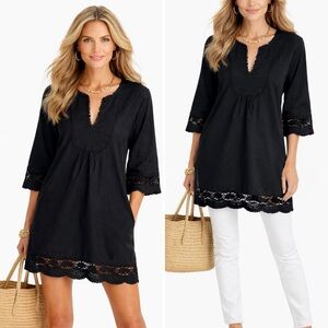 Gretchen Scott Black Embroidered Eyelet Cotton Tunic Cover Up Pockets Sz S💛